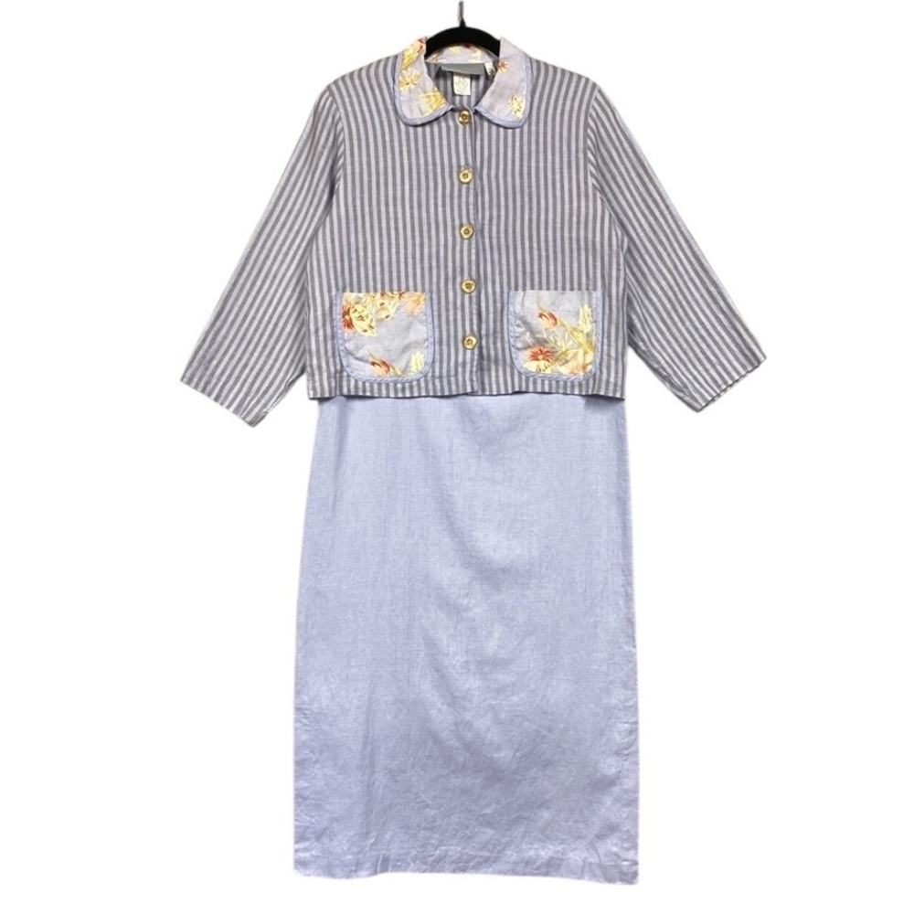 Vintage Carol Anderson 100% Linen Artsy Striped Floral Print Dress Set Sz Small